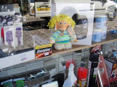 Alderney hides in the DIY shop window for the Womble Hunt