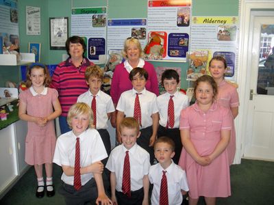 The children of Ormer House school who made the bunker window display