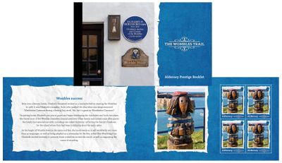 The Wombles Trail prestige booklet, with a front cover showing Elisabeth Beresford's blue plaque and Womble House sign, and inside pages showing some information about the creation of The Wombles alongside the Alderney Womble statue