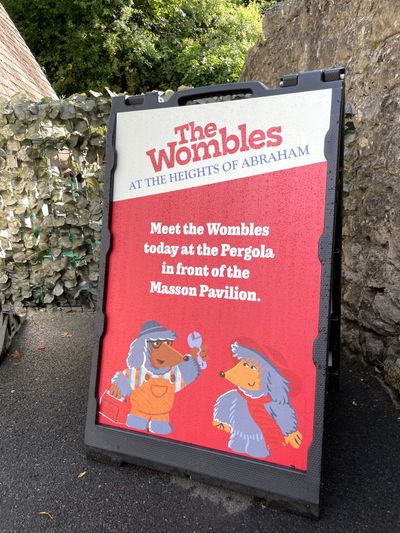 Sign saying 'Meet the Wombles today at the Pergola in front of the Masson Pavilion'