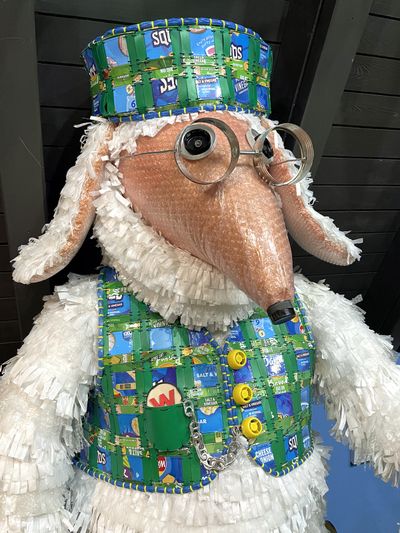 Sculpture of Great Uncle Bulgaria made of rubbish such as crisp packets and carrier bags